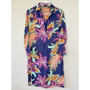 Antik Batik Tropical Floral Tunic Dress Sundress Cover Up Semi-Sheer‎ Size SMALL
